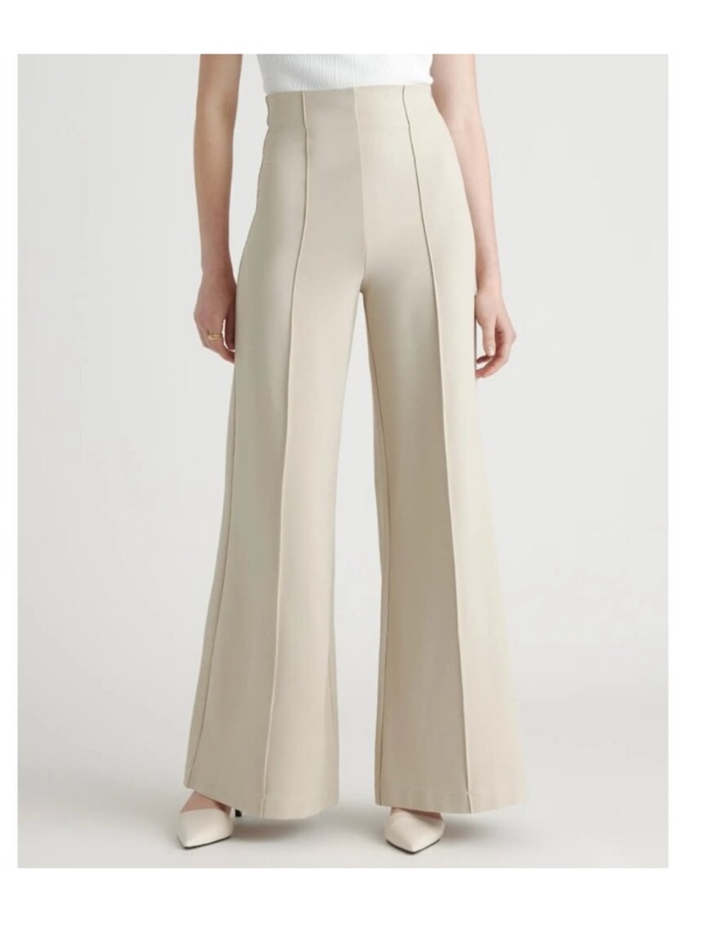 Quince Ecru-Beige Ultra-Stretch Super Wide Leg Ponte Pants sz L Women's NWT 32"
